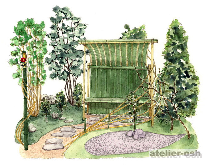 造園 植栽 コンペ作品 イメージパース 建築パースなら大阪のアトリエオッシュ 手描きの水彩画