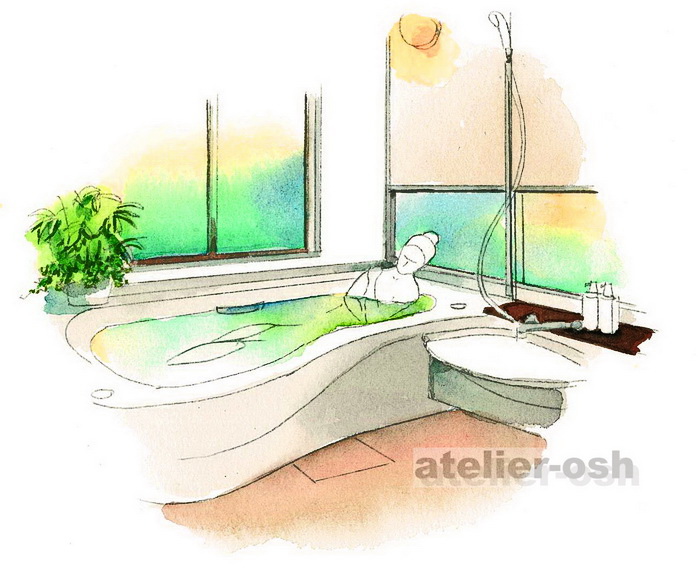 お風呂 浴室 水彩イラスト 建築パースなら大阪のアトリエオッシュ 手描きの水彩画