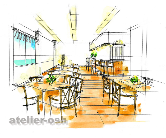 水彩イラスト 食堂 建築パースなら大阪のアトリエオッシュ 手描きの