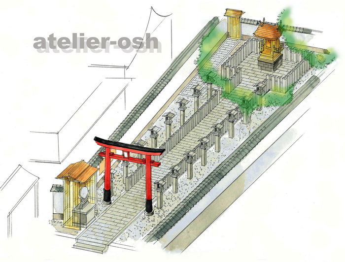 案内図イラスト 神社境内 建築パースなら大阪のアトリエオッシュ 手描きの水彩画