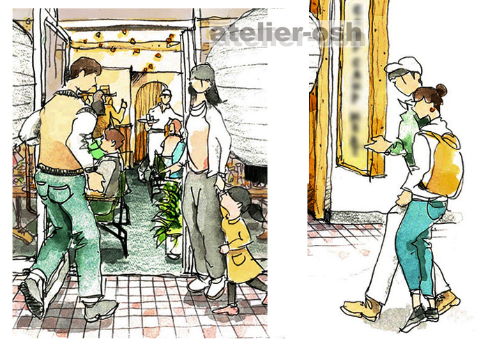 お店に入る若いお客さん 水彩イラスト 建築パースなら大阪のアトリエオッシュ 手描きの水彩画
