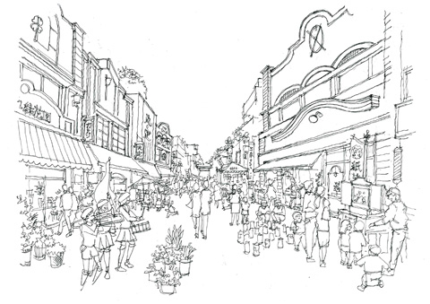 商店街イベント用イラスト 建築パースなら大阪のアトリエオッシュ 手描きの水彩画