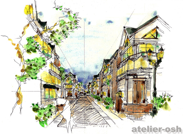 建物イメージ画 建築パースなら大阪のアトリエオッシュ 手描きの水彩画