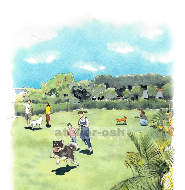 芝生ガーデン ドッグラン 水彩イラスト 建築パースなら大阪のアトリエオッシュ 手描きの水彩画